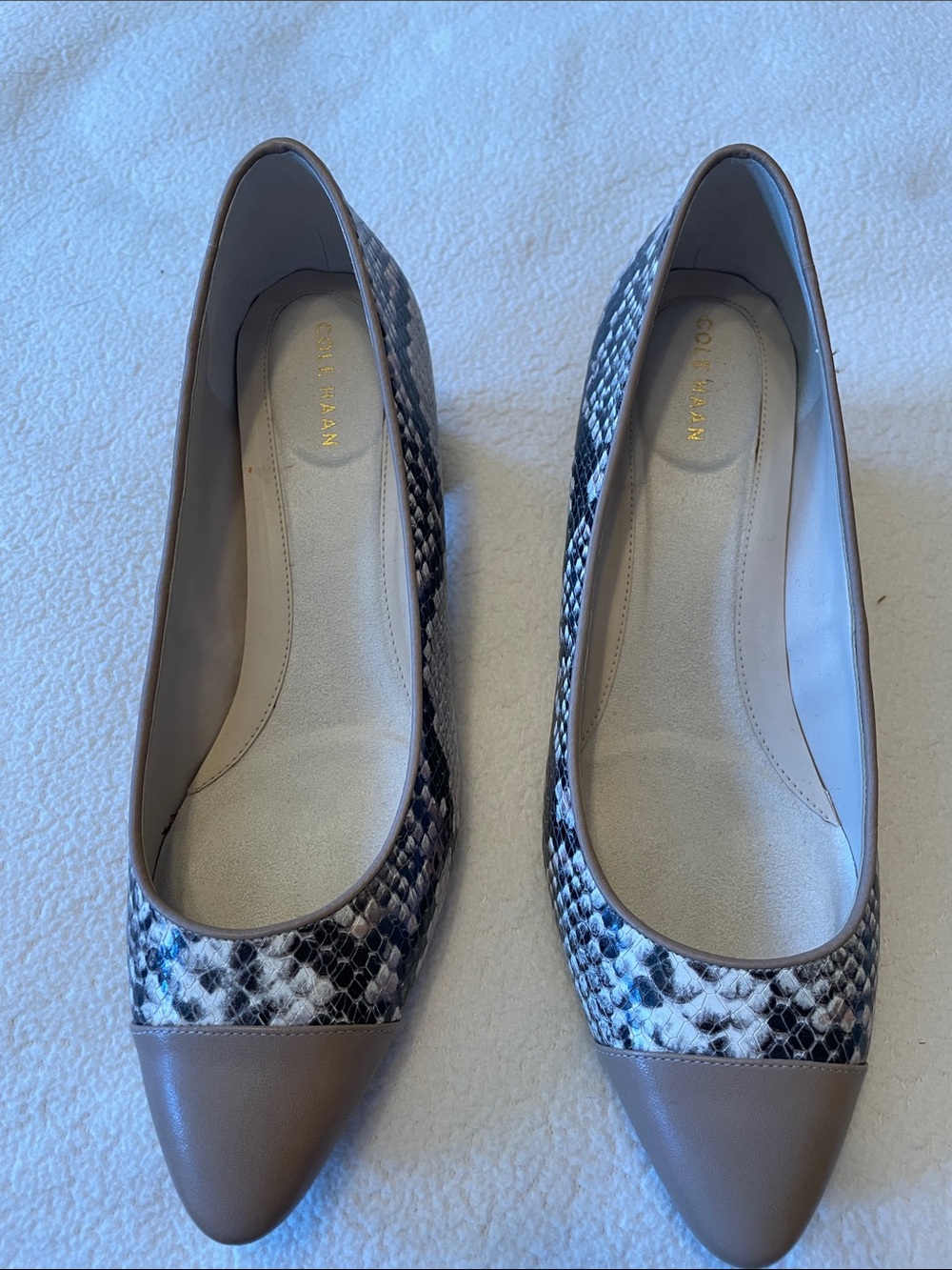 Cole Haan Taupe Snakeskin-Pattern Pointed Toe Block Heels